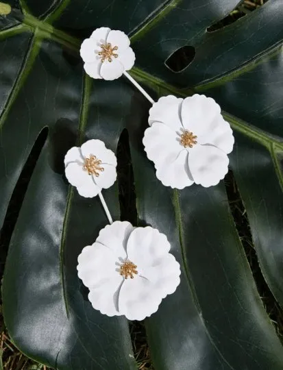 White - Colourful flowers earrings stud earrings | 2 way wear | floral wire earrings | large blossom flower statement earrings | bridal party