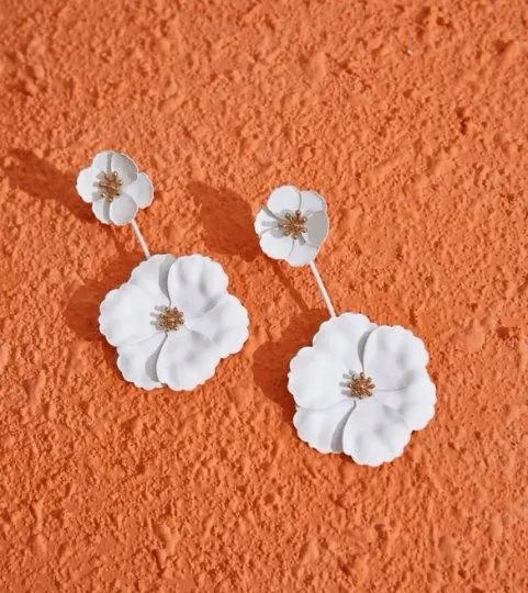 White - Colourful flowers earrings stud earrings | 2 way wear | floral wire earrings | large blossom flower statement earrings | bridal party