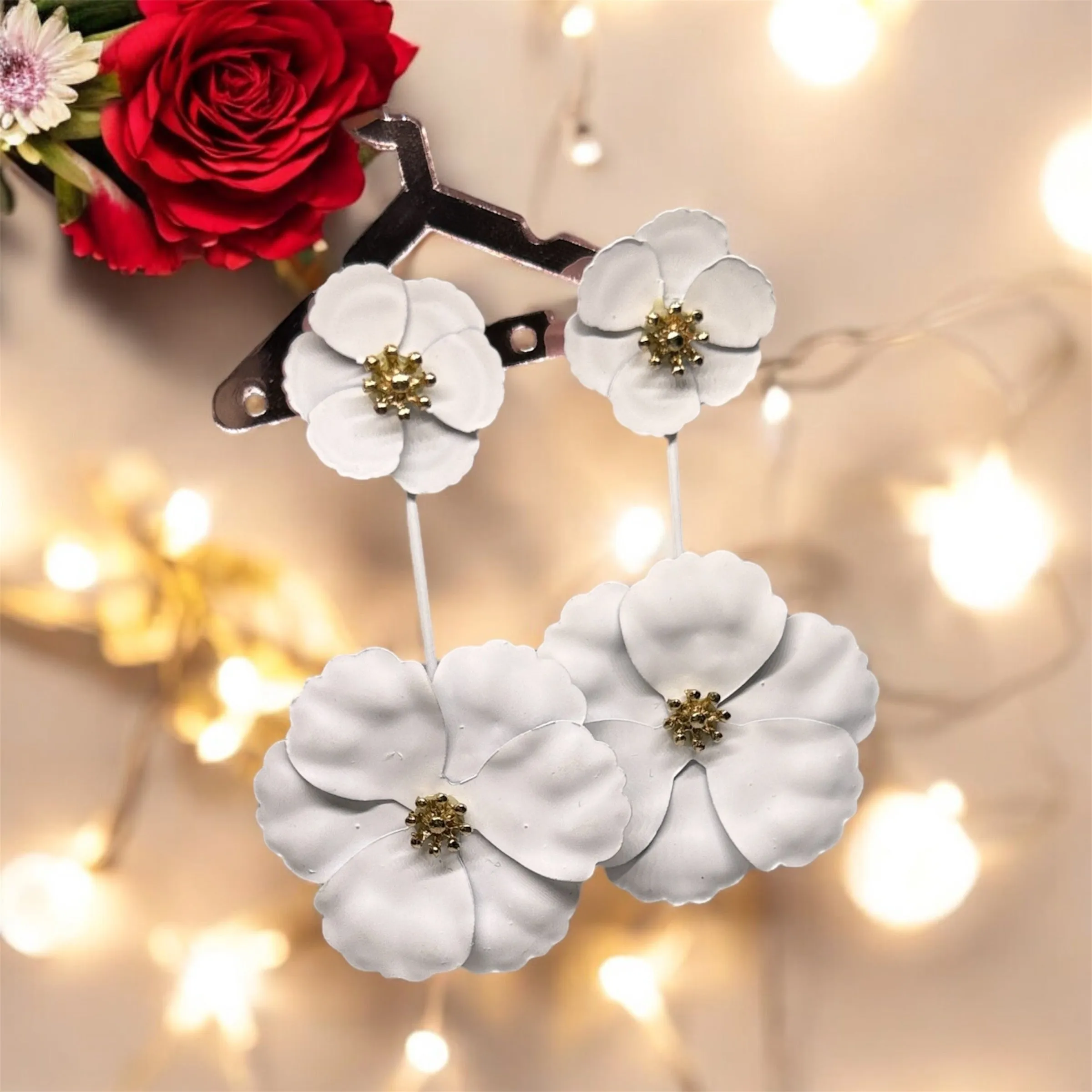 White - Colourful flowers earrings stud earrings | 2 way wear | floral wire earrings | large blossom flower statement earrings | bridal party